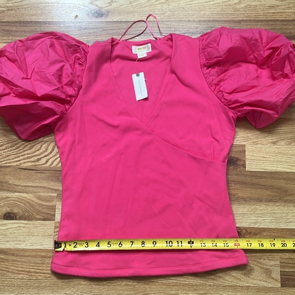 Anthropologie Maeve top in fushia puff sleeves V neck wrap style size M - Picture 6 of 15